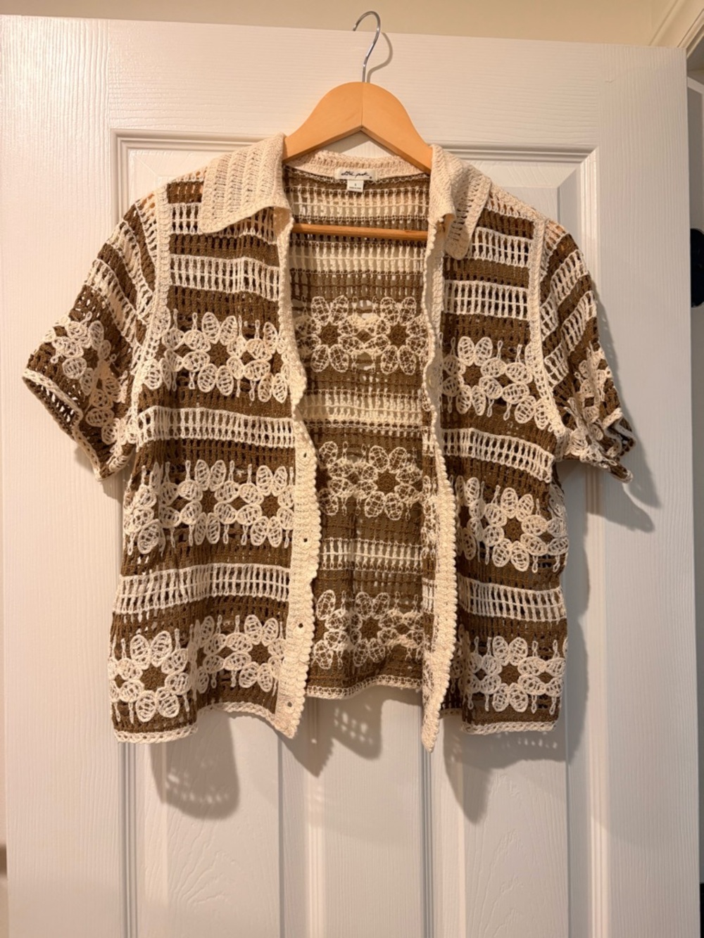 Ultra Pink Brown and Cream Crochet Button-Down Top